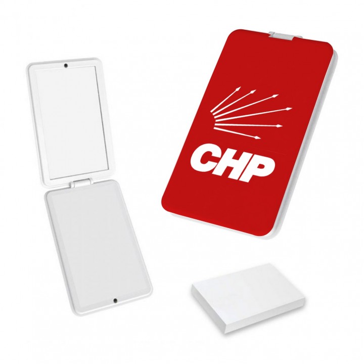 CHP Logolu Beyaz Plastik Kutulu Cep Aynası 95x60 mm Tek Yön UV Baskılı Promosyon Model